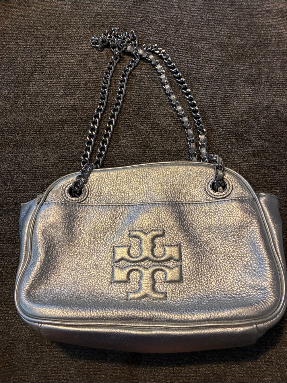 Tory Burch Metallic Pewter Chain-Handle Shoulder Bag - Picture 1 of 8